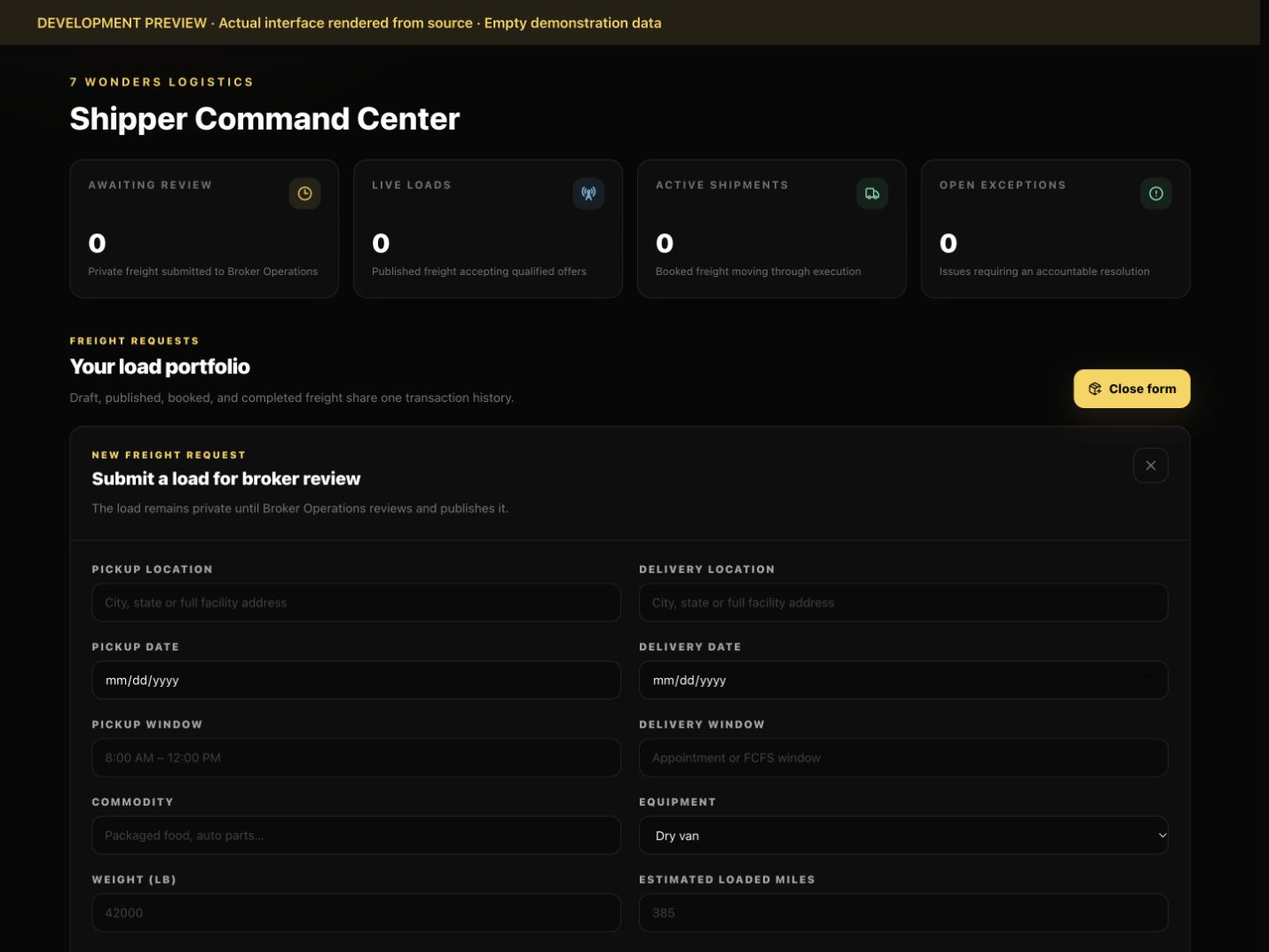 7 Wonders Logistics shipper command center development preview with empty demonstration data