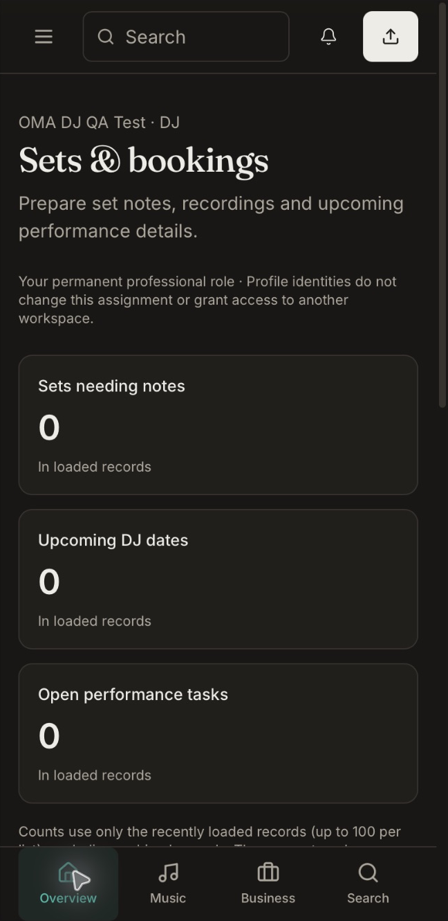 OMA DJ demo dashboard with empty sets and bookings counters