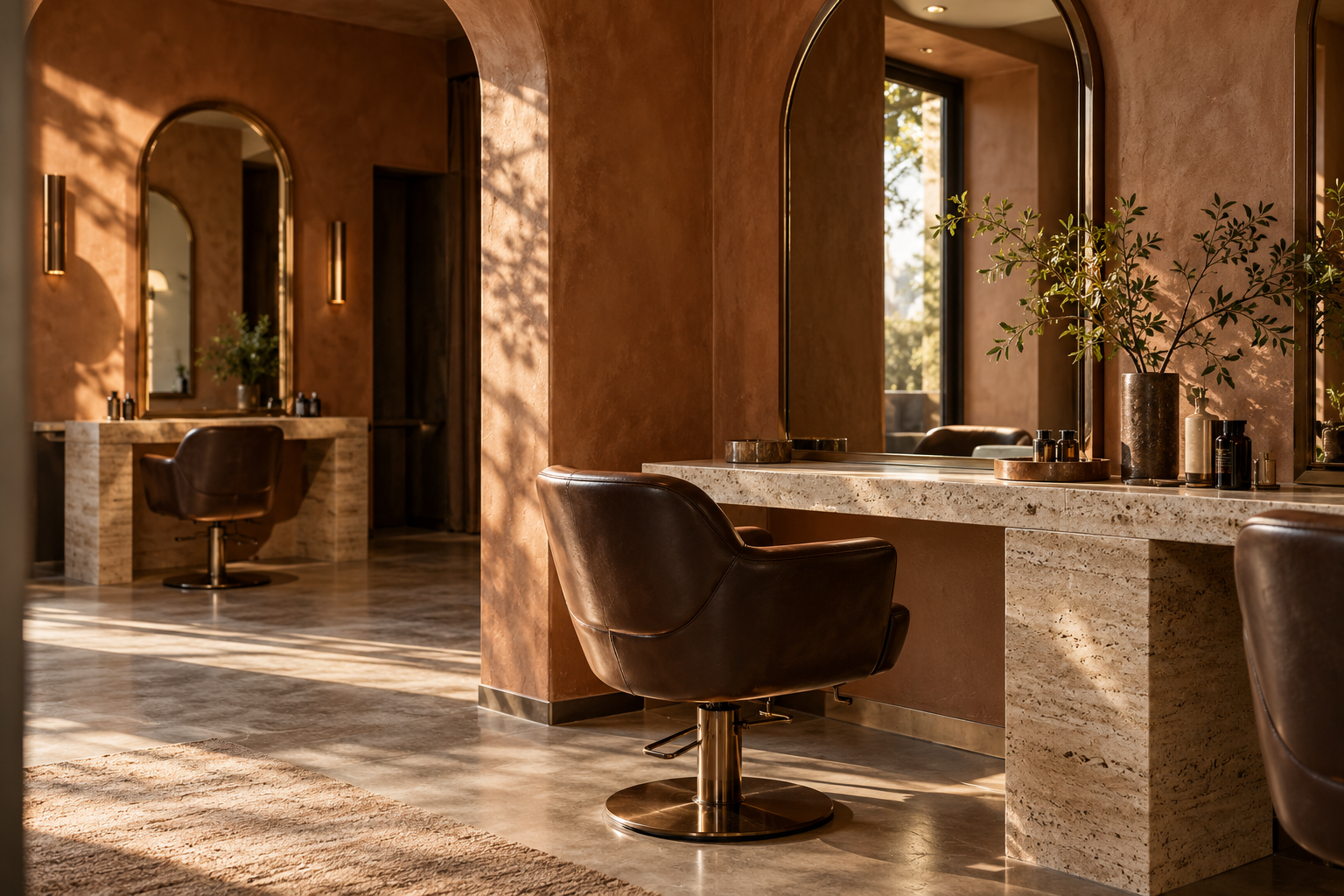 Generated concept of an intimate terracotta salon with bronze mirrors